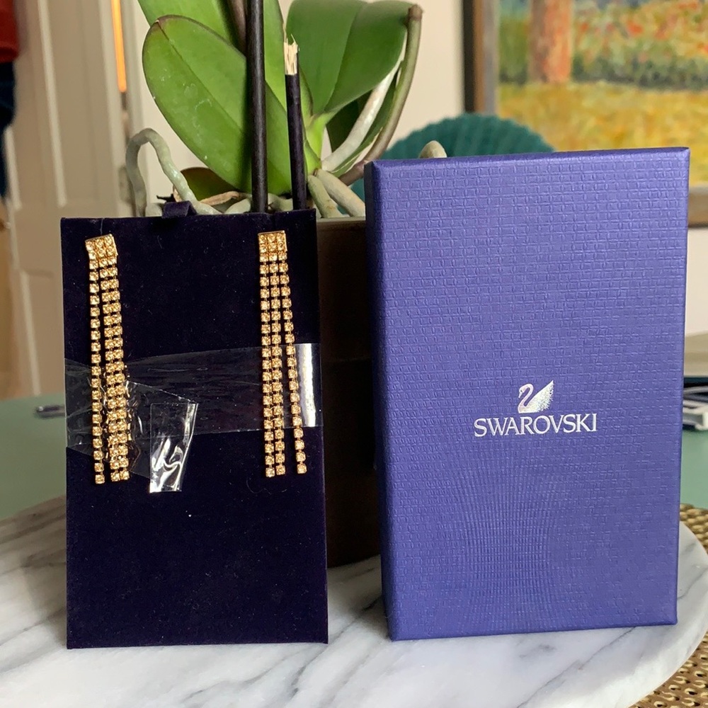NWT Swarovski Gold Triple Strand Dangle Earrings